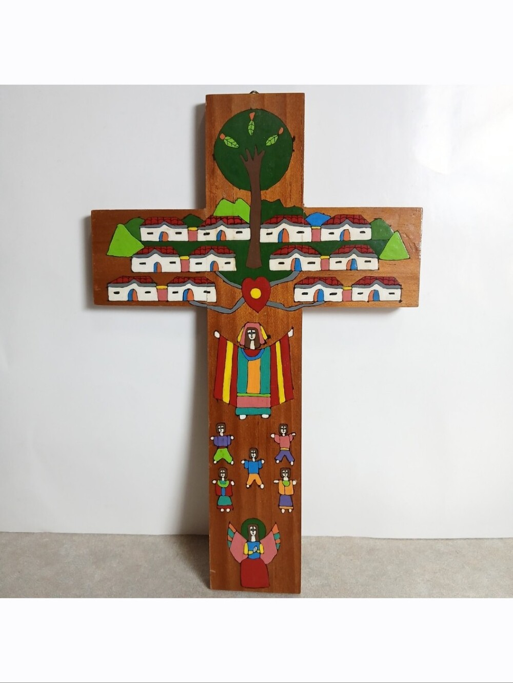Vintage Wood Cross Hand Painted Folk Art El Salvador Village Angel Children